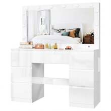 Devoko High-Gloss White Vanity Table With LED Cosmetic Mirror, Dressing Table Without Stool With 12 LED Lamps, Sockets, USB & Type-C, Jewelry Storage And 7 Drawers - View 4