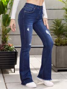 Pantalones vaqueros de mujer Skinny con elástico y rasgados, pantalones acampanados de cintura alta azules, leggings de mujer, jeggings acampanados, leggings acampanados para mujeres altas - Azul - Ver 1