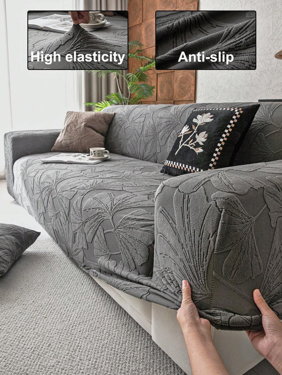 1pc Solid Color Plush Stretch Sofa Cover, Geometric Pattern Design, Foam Rod Fixed Anti-Slip Pet-Friendly, Suitable For All Seasons Holiday Decor, Fit For Combination Sofa, Chaise Lounge, Straight Sofa - Dark Grey - View 1