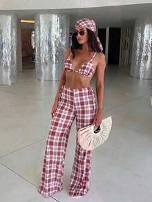Set Bikini Halter Kotak-kotak Merah & Putih 3 Potong, Penutup Berbentuk Jaring Mengembang, Pakaian Renang Gaya Liburan Seksi - MultiWarna - View 1