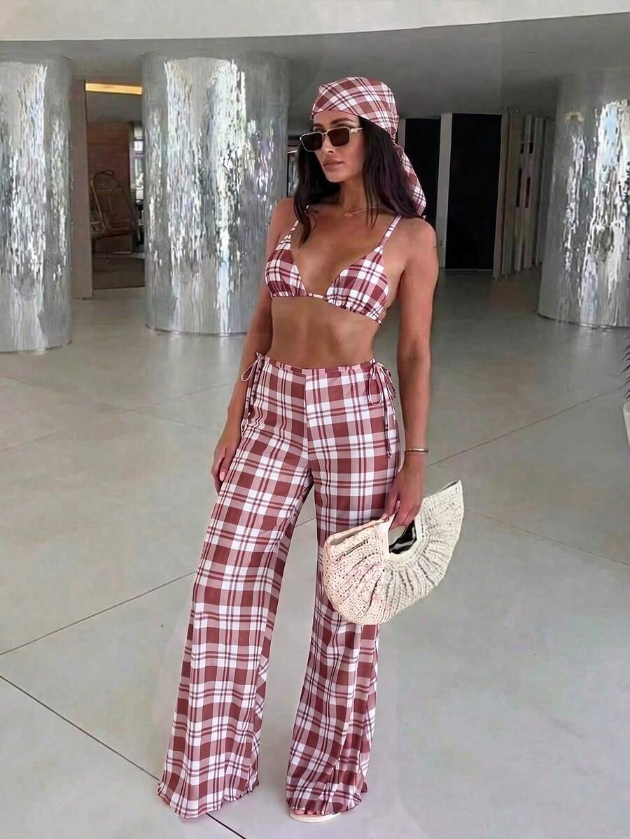 Set Bikini Halter Kotak-kotak Merah & Putih 3 Potong, Penutup Berbentuk Jaring Mengembang, Pakaian Renang Gaya Liburan Seksi - MultiWarna - View 1