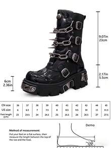 AYUSTONG Women's Y2K Style Punk Rock Platform Sneakers, Solid Color Buckle Mid-Calf Boots, Non-Slip Rubber Sole, Comfortable Low-Top Round Toe Design With Thick Sole Motorcycle Boots - Black - View 14
