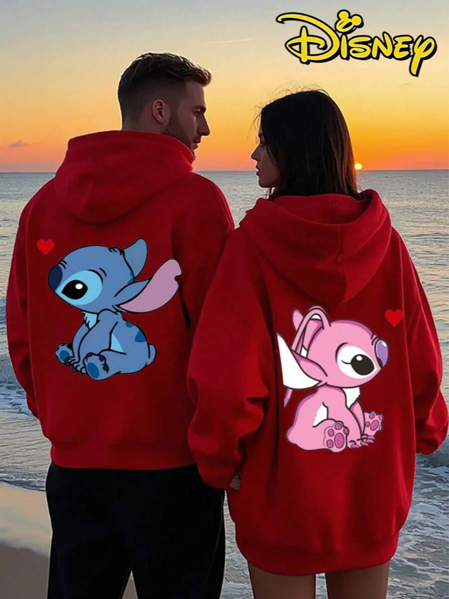 Couples Disney Lilo & Stitch Stitch And Angel Print Hooded Sweatshirt, Casual Loose Streetwear Hoodie, Sold As Single Piece 1pcs - Áo nam màu đỏ - Xem 1
