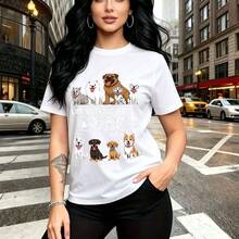 Camiseta de mujer con estampado divertido "LIFE WITHOUT DOGS... I DON'T THINK!" y ilustraciones de razas caninas como Samoyed, Chow Chow y Dálmata - diseño gráfico urbano con letras blancas desgastadas y estilo casual de manga corta, ajuste cómodo y - Blanco - Ver 10