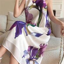 WNS  Vestido de verano de dama de honor con estampado floral elegante, cuello redondo y sin mangas, de largo medio - Azul - Ver 4