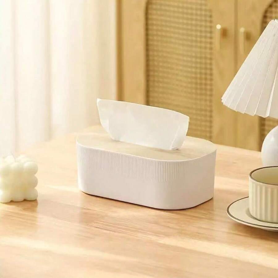 1pc Modern Bamboo Lid Tissue Box Holder - Durable Plastic, Square Dispenser With Wooden Top, Suitable For Bathroom, Vanity, Counter And Office Decor, Bathroom Vanity Accessory, Bathroom Decor And Accessories, Minimalist Design, Modern Decor - Multicolor - View 1