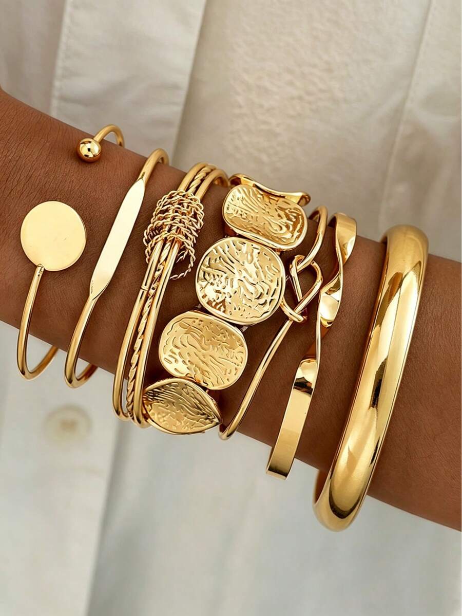 7 pezzi Set di braccialetti a fascia ondulati, geometrici e rotondi di lusso e versatili - Dorato - Visualizzare 1