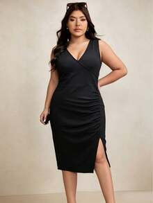 Vestido midi de talla grande con cuello en V y abertura lateral, tela de punto de unicolor, abertura alta en el muslo, uso casual para primavera & verano elegante negro - Negro - Ver 3