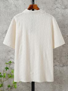 Cardigan polo de jacquard de verano para hombre, color beige sólido, estilo deportivo, cuello vuelto, media cremallera, manga corta, adecuado para negocios, deportes, uso casual - Albaricoque - Ver 3