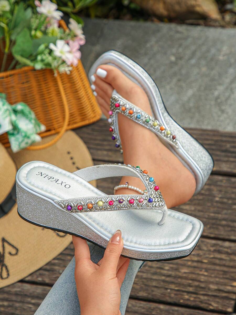 NIPAXO Sandalias de cuña con plataforma para mujer, de verano y para exteriores, chanclas de moda, cómodas y sin fatiga, brillantes, elegantes, ligeras, para reuniones al aire libre, uso diario, bodas, playa, viajes, ocio y entretenimiento, estilo bohemio,