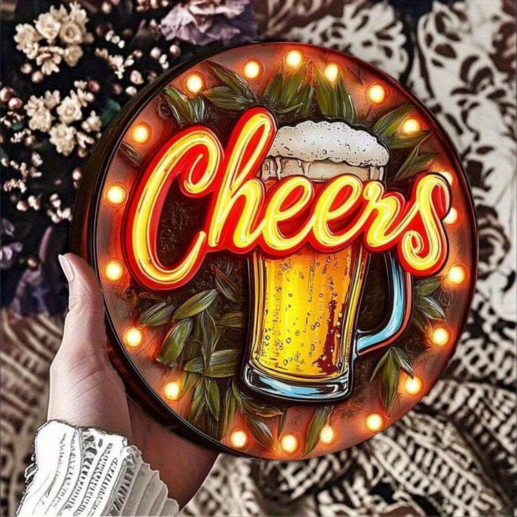 2D平面 - 復古2D金屬啤酒杯標誌 - 附有「CHEERS」字樣，這款鐵製牆面裝飾非常適合酒吧、咖啡館和餐廳裝飾 - 一個8X8英吋鄉村風格酒吧標誌，無需電源且易於安裝 - A - 查看 2