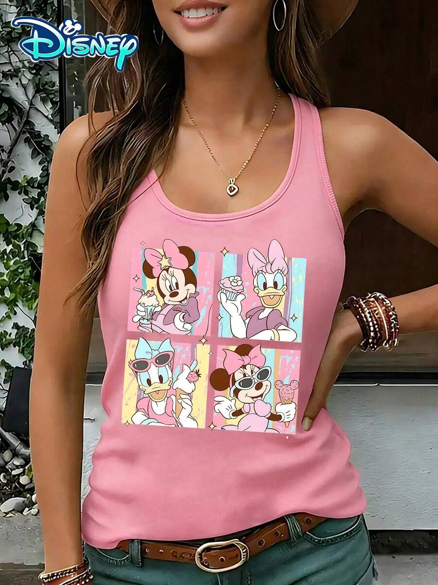 Disney Official Authorization | Women's Casual Round Neck Sleeveless Vest. Featuring Minnie And Daisy, Paired With Sweet Elements From The Four Grid, It Exudes Vitality And Age Reduction. It Is A Versatile Item For Daily Outings And An Ideal Choice For Creating A Girlish Look. - Hồng - Xem 1