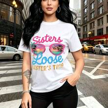 Camiseta de mujer con diseño gráfico de estilo urbano y mensaje "Sisters on the Loose" - camiseta casual de cuello redondo, ajuste cómodo y elegante, estilo moderno y divertido - ideal para fiestas de cumpleaños, reuniones familiares del Día de la Ma - Blanco - Ver 10