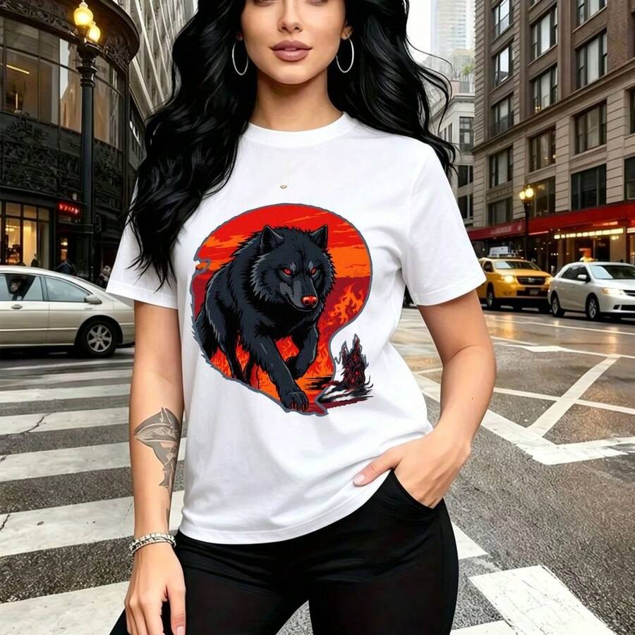 Camiseta de mujer con estampado de lobo feroz aullando contra un fondo circular de fuego naranja y rojo - camiseta casual de manga corta con ajuste cómodo y estilo urbano edgy, ideal para paseos por la ciudad y salidas modernas - regalo perfecto para - Blanco - Ver 1