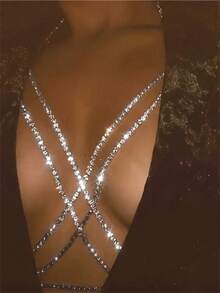 1pc Sexy Sparkling Crystal Body Chain, Beach Party Bikini Body Chain, Fashionable Jewelry Accessory For Women - Silver - View 1