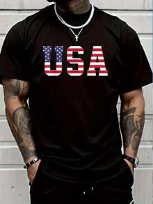 100% Cotton Casual Tshirt USA US Flag Patriotic 4th Of July America T-Shirt Women's Men Graphic Tee - 黑色3 - 查看 1