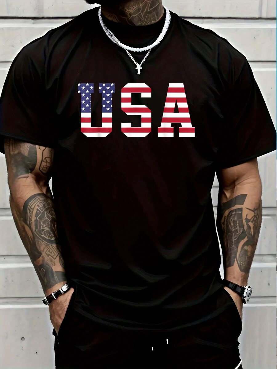100% Cotton Casual Tshirt USA US Flag Patriotic 4th Of July America T-Shirt Women's Men Graphic Tee - 黑色3 - 查看 1