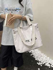大容量字母印花帆布手提袋，时尚手提包，休闲单肩包，女士多功能手提包，适合工作、上学、日常使用 - 米色 - 查看 6