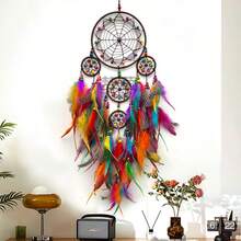1 Peça Sino de Vento Estilo Ins Feito à Mão com Penas Decoração de Parede Pendurada Ornamento Pendurado para Quarto Decoração de Casa Sonhadora Apanhador de Sonhos Decoração Pendurada, Adequado para Casa, Casamento, Decoração de Quarto (As Penas São Penas Artificiais) - Cinco Anéis - Visão 1