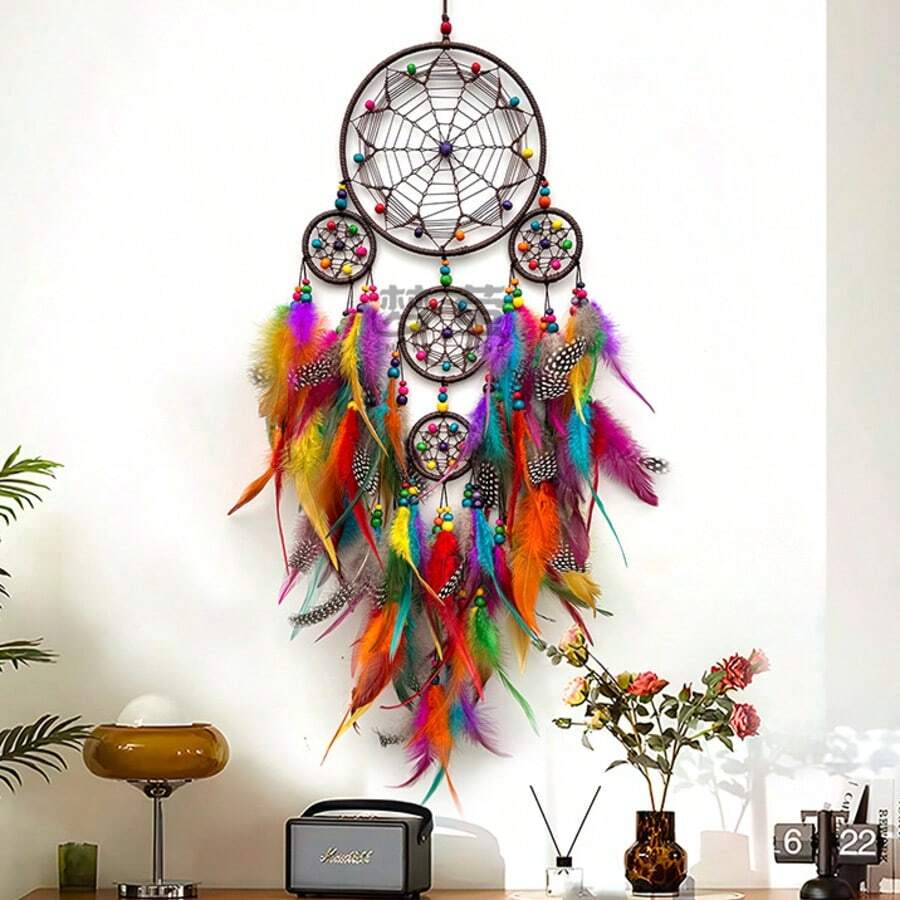 1 Peça Sino de Vento Estilo Ins Feito à Mão com Penas Decoração de Parede Pendurada Ornamento Pendurado para Quarto Decoração de Casa Sonhadora Apanhador de Sonhos Decoração Pendurada, Adequado para Casa, Casamento, Decoração de Quarto (As Penas São Penas Artificiais) - Cinco Anéis - Visão 1