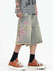 1pc Vintage Embroidered Blue Denim Casual Loose Shorts For Men, Minimalist Design (Excluding Belt/Accessories) - Blue - View 3