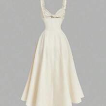 WNS  MOD Vestido midi elegante de unicolor con cintura fruncida y anudada, adecuado para fiestas y eventos - Amarillo claro - Ver 5