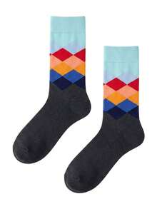 1 Paar Unisex Diamant-Strick-Wadenlang-Socken. Blau-Grau-Verlauf, Retro & College-Stil. Atmungsaktiv und geeignet für den täglichen Gebrauch, Pendeln und Reisen. - Verschiedenfarbig - Übersicht 8