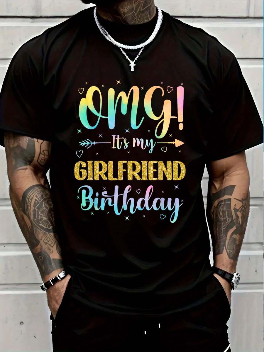 100% Cotton It's My Girlfriend's Birthday T-Shirt Women's Men Graphic Tee - 黑色6 - 查看 1
