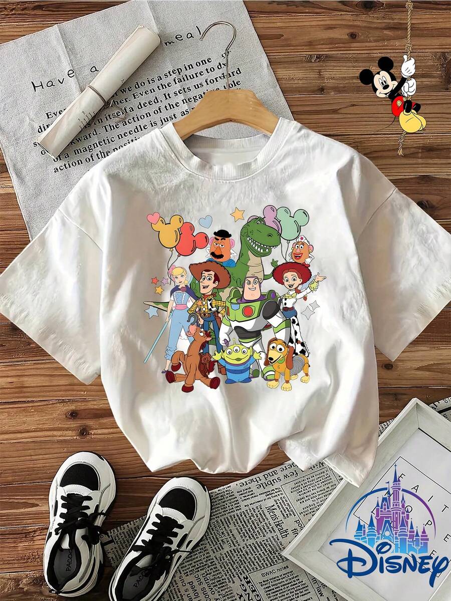 Disney Women's Toy Story T-Shirt-Role Family Photo Balloon Printed Front Piece, Soft And Breathable Short-Sleeved Round Neck Shirt, Spring And Summer Casual Shirt, Suitable For Daily Wear/Theme Party, Machine Washable Adult Size, Childlike Shirt, Excellent Gift. - 白色 - 查看 1