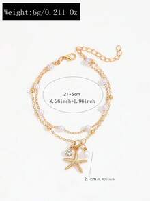 2 Bohemian Beach Style Gold Plated Anklets, Double Chain With Starfish, Pearl And Rhinestone Pendants, For Women - Multicolor - View 4