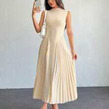 WNS  PETITE Vestido ajustado de línea A con pliegues elegante para mujer - Caqui - Ver 5