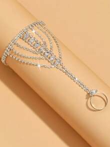 1pc Full Rhinestone Geometric Tassel Hand Chain Bracelet Ring Integrated Hand Jewelry For Women, Fashionable Luxury High-End - Silver - View 6