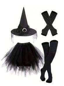 Disfraz de Bruja Púrpura & Negro para Mujer, Conjunto de Cosplay de Halloween, Incluye Falda de Tul, Sombrero de Bruja, Calcetines a Rayas & Mangas para Brazos, Atuendo de Carnaval, Mascarada, Cosplay, Halloween, Fiesta Temática, Accesorio de Fotografía - Multicolor - Ver 5