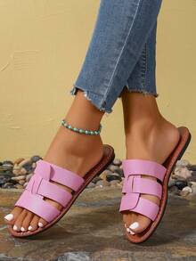 Women's Korean Style Casual Flat Sandals & Slippers, Summer Outdoor Open Toe Woven Roman Sandals, Spring/Summer New Fashion French Style Flat Shoes For Skirts, Beach, Apartment, And Outings - Pink - View 6
