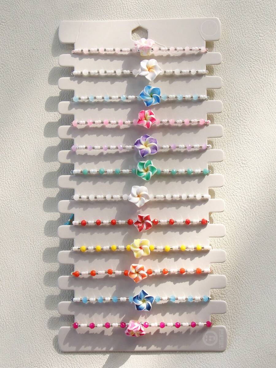 12件組可愛度假風多彩聚合物黏土花朵串珠可調節尺寸手鍊套組,適合女性音樂節派對禮物 - 彩色 - 查看 1