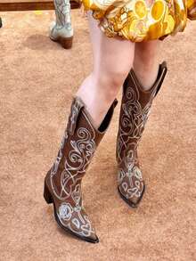 New Pointed Toe Chunky Heel Pant Leg Boots Women's Retro Knee-High Long Boots High Heel Western Cowboy Boots Riding Boots - Brown - View 2