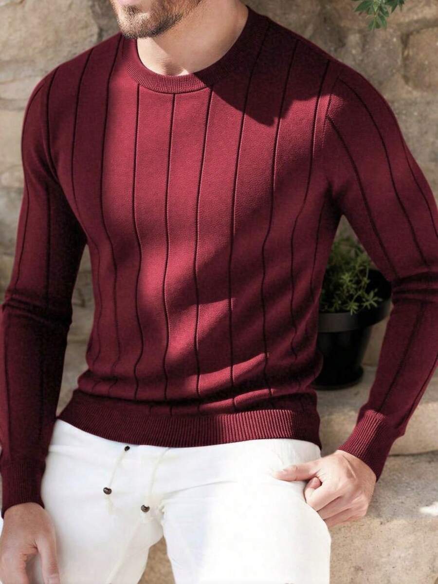 Men's Casual Sweater, Ribbed Knit, Crew Neck, Minimalist And Stylish For Everyday Wear - 酒紅色 - 查看 1