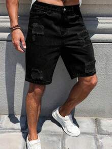 Men's Casual Loose Straight Leg Distressed Denim Shorts - Black - View 4