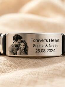 Customized Name & Photo Bracelet, Couple Matching Bangle, Engraved Photo & Text Stainless Steel Jewelry Gift For Him/Her, Personalized Stainless Steel ID Bangle, Customized Jewelry Gift For Boyfriend/Girlfriend Couple, Valentine's Day Accessory, Back To School Gift, Father's Day Gift - Multicolor - View 6