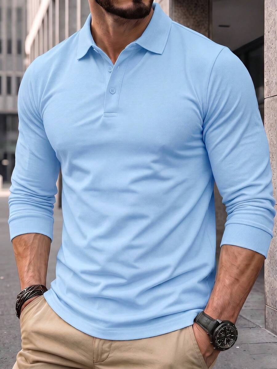 男士休閒寬鬆長袖 Polo 衫,輕量聚酯纖維,極簡商務休閒校園風 T-Shirt - 藍色 - 查看 1