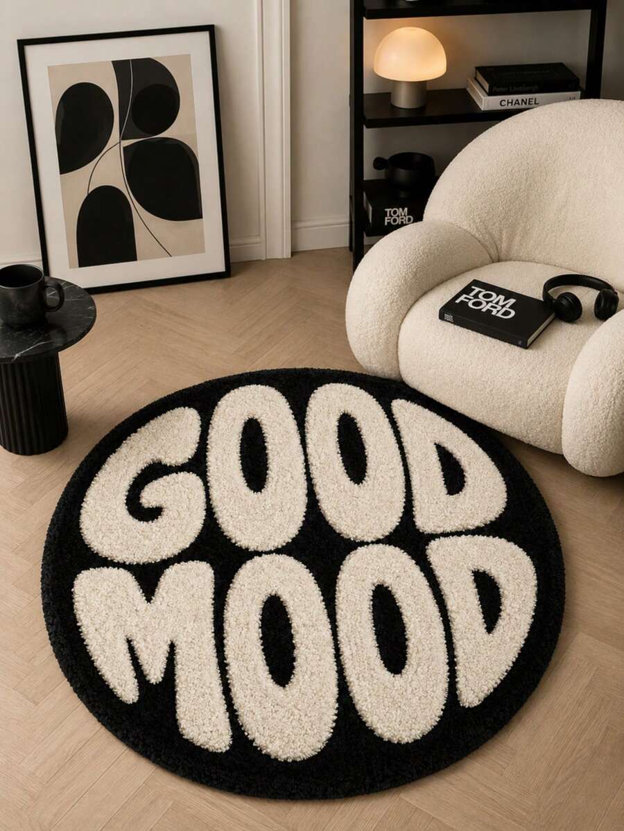 2D Original Design Velvet Carpet - English Letter Black And White "Good Mood" Text Round Design, Suitable For Door Mat, Living Room, Bedroom, Holiday Home Decor, Modern Style, Material