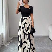 WNS  Elenzya Vestido de línea A con cintura ceñida, cuello en V, con patrón abstracto en blanco y negro y decoración de hebilla de metal, elegante para uso diario, vacaciones, viajes, San Valentín, citas, ropa de calle, fiestas, principios de primavera/primavera-verano - Marrón - Ver 6