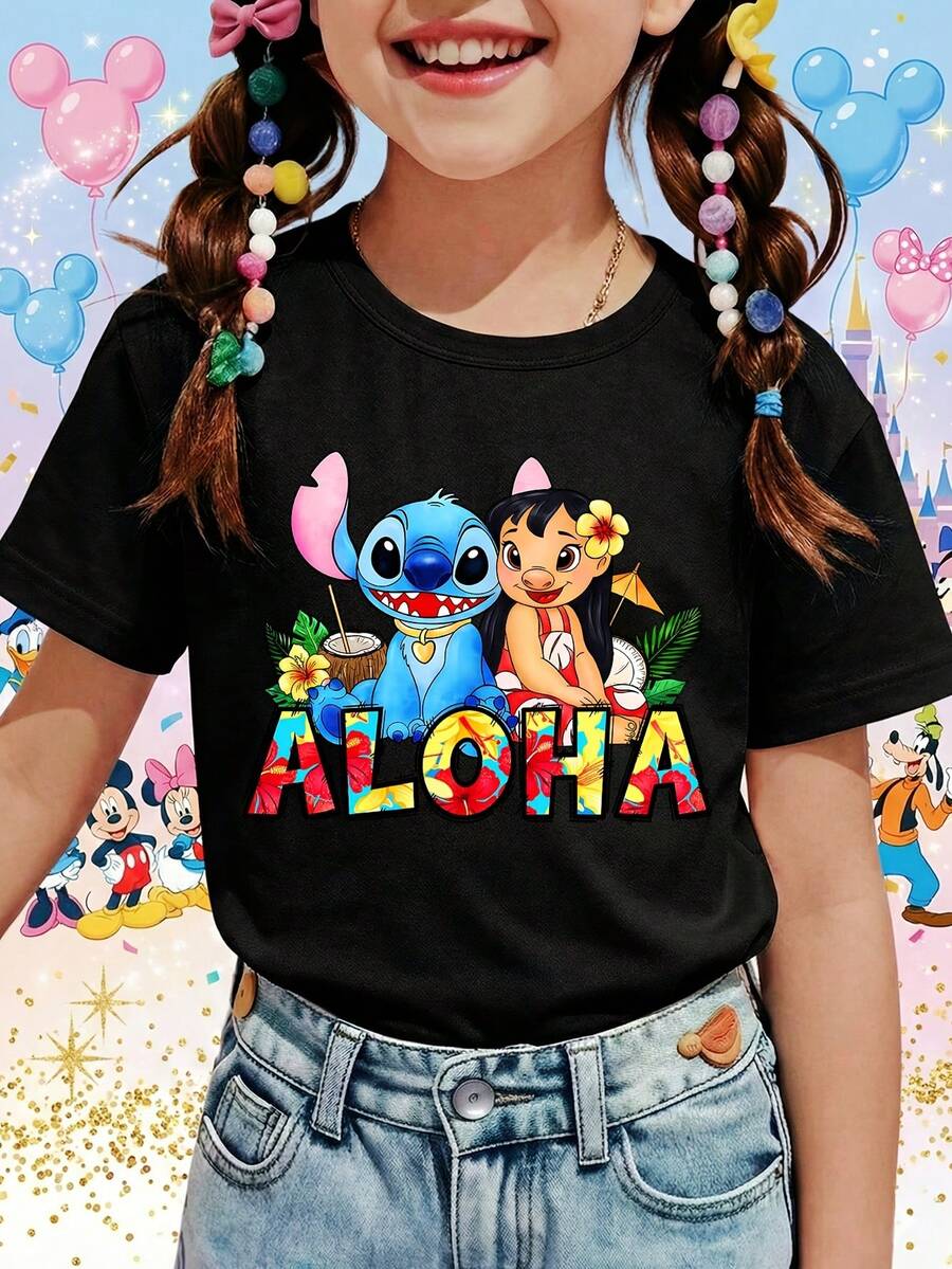 Disney DIS Aloha Stitch & Lilo Printed Pattern T-Shirts For Girls - Children's Clothing Design Short-Sleeved Casual And Cute Style Comfortable And Casual Wear All Year Round Suitable For Parties And Play Machine Washable Gift Children's Clothing Girls' Short-Sleeved Shirts - 黑色 - 查看 1