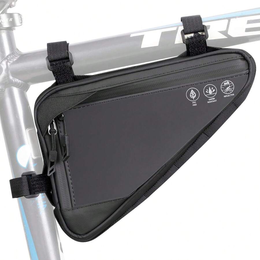 WOTOW Bike Frame Storage Bag, Water Resistant Reflective Bicycle Triangle Bag With Two Side Pockets, Strap-On Under Seat Tool Accessories Pouch For Mountain Road Bike Trip (2L) - Black - View 1