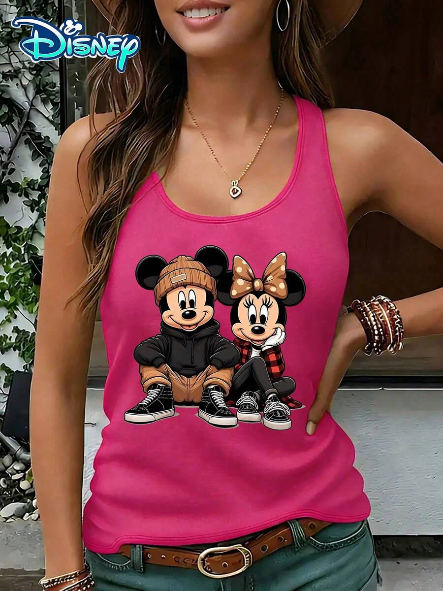 Disney Official Authorization | Women's Casual Round Neck Sleeveless Vest. Featuring Mickey Mouse And Minnie Mouse, Paired With Streetwear Design, It Is And Playful. It Is A Fashionable Item For Daily Wear And An Ideal Choice For Creating A Personalized Look. - Màu Hồng Tươi - Xem 1