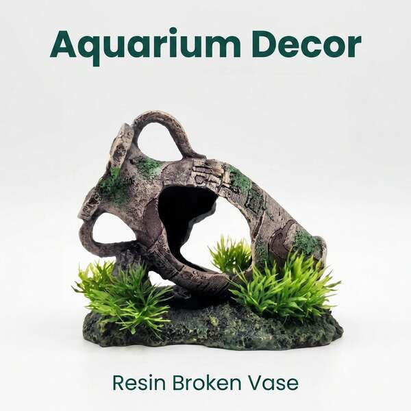 Đồ trang trí bể cá bình vỡ bằng nhựa resin 6.1 inch, cây giả, nơi trú ẩn cho cá và tôm