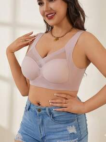 ZNKZUGF New Seamless Wireless Full Coverage Women'S Bras, Mature Solid Color, High Support, Comfortable And Breathable Back, Knitted Fabric With Mesh Details, Non Removable Pads - Perfect For Spring Festival And Mother'S Day! - 粉色 - 查看 1