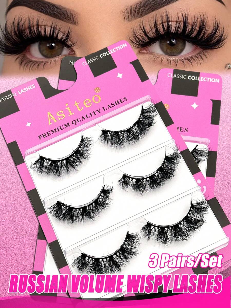 Asiteo 3pairs Fluffy Lashes,Russian Volume Wispy Lashes,Reusable Short Natural Eyelashes Strip Lashes,Lashes, Eyelashes,Fake Lashes,Fake Lashes,Make Up Tools