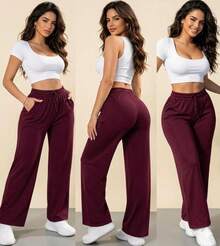 Women's Maroon Drawstring Wide Leg Pants, Fabric Medium Stretch For Casual Fall Outfits - 酒紅色 - 查看 1