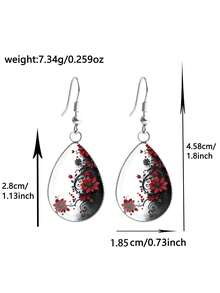 1 Pair Vintage Dark Ink Red Floral Pattern With 316 Stainless Steel Water Drop Earrings, Retro Minimalist Style Suitable For Women's Daily Wear And Gifts, Elegant Simple Design Jewelry Earrings Suitable For Women's Daily And Holiday Wear - Black and White - View 4